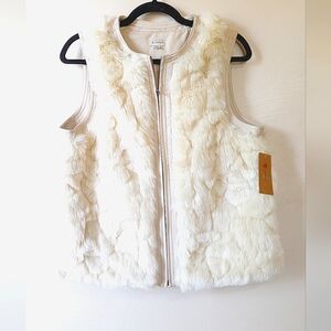 CREMIEUX Faux Fur Ivory Vest, Full Zipper Front, Vegan Leather Trim, Size M